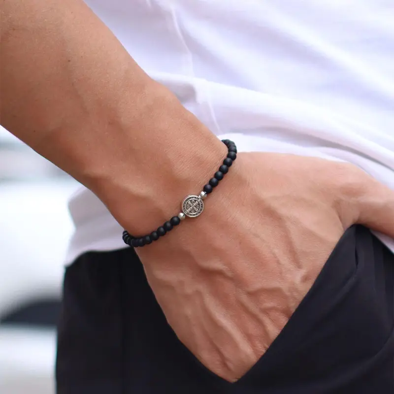 Men's Cross Charm Decor Beaded Bracelet, Fashion Jewelry for Party, Daily Clothing Decor, Trendy All-match & Exquisite Jewelry for Birthday Gift, Cross Charm Bangle