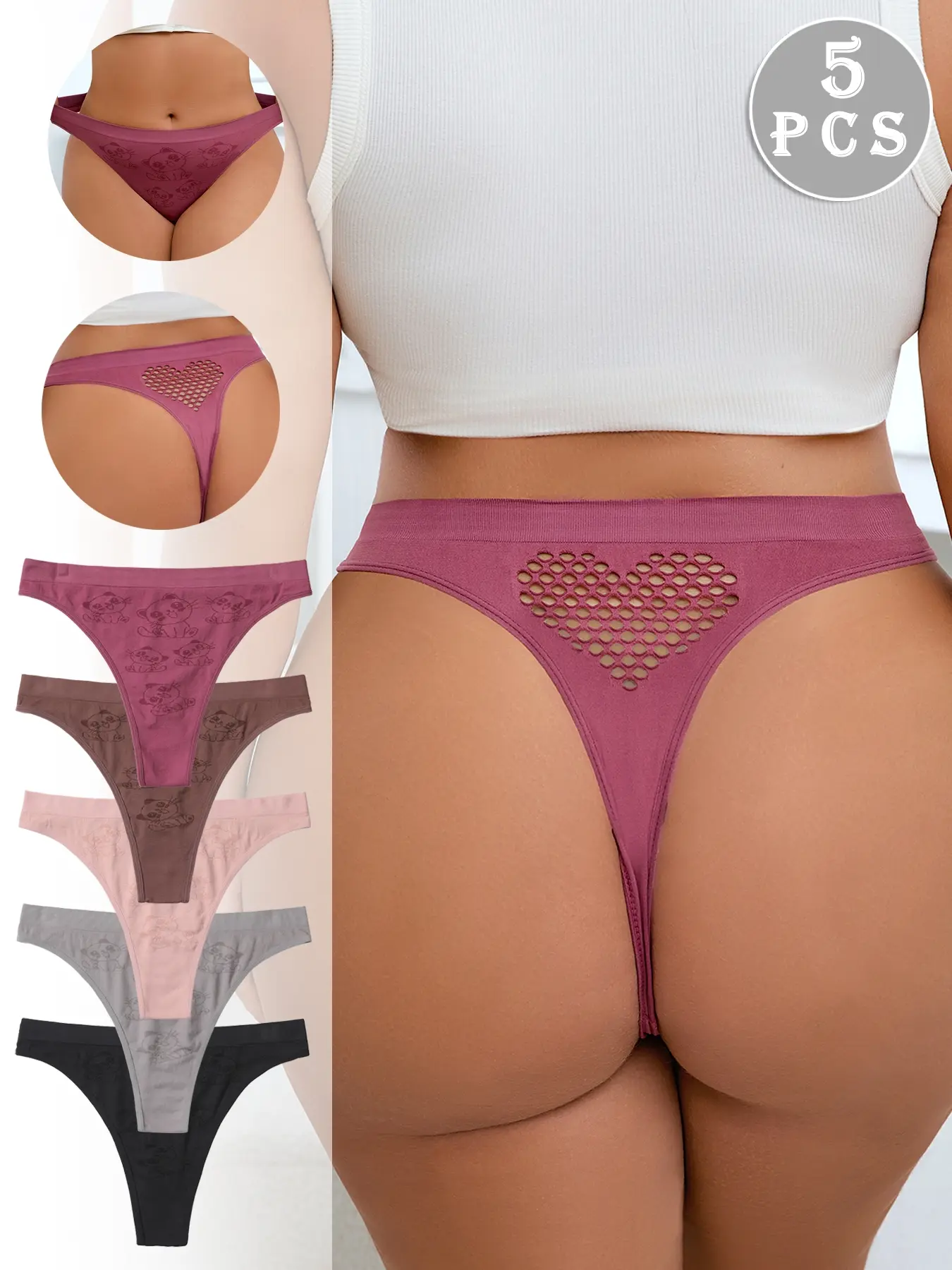 Women's Seamless Thong Panties, Breathable Seamless Panty, Breathable Smooth Hollow Back Design, Large Size Underwear, Pack of 5, Ladies' Seamless Lingerie, Breathable Stretch Panties