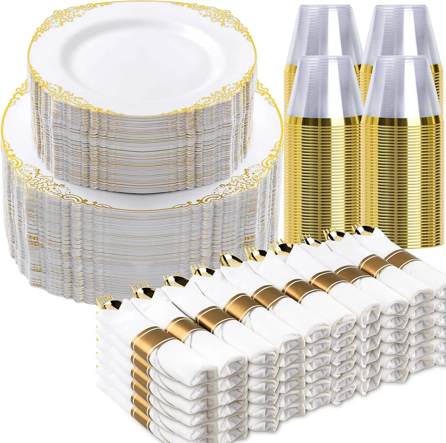 700PCS Gold Disposable Dinnerware for 100 Guests | Includes 200 Gold Rim Plastic Plates, 100 Silverwares, 100 Cups, 100 Pre Rolled Napkins for Party, Wedding, Graduation