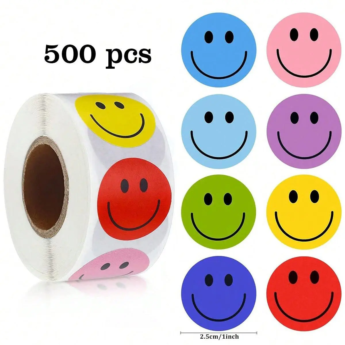 Smile Face Pattern Self Adhesive Sticker, 500pcs/roll Round Label Sticker, Decorative Sticker for Gift, Cake, Biscuit, Greeting Card Envelope, Funny Gift, Decoration Sticker, Emoji Stickers, Decals Sticker