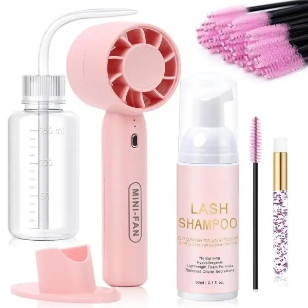 Lash Shampoo Cleaning Kit, Lash Extensions Cleanser Lash Bath Kit with Lash Fan Dryer Brush Rinse Bottle, Oil Free Foam Wash for Extensions & Natural Lashes/Safe Makeup Remover