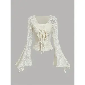 Romantic and elegant apricot bow shirt, cute women's T-shirt, autumn and winter hollowed out pirate princess top jacketRAIMENTRY