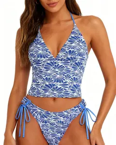SEAMOLY Two-Piece Set Women's Floral Print Bikini Set, Casual Fashion Chic Swimsuit Set for Beach Holiday Vacation, Ladies Summer Clothes, Flower Print Bikini Strappy Tankini Top
