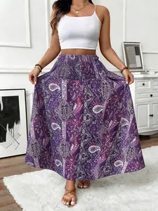 Plus Size Women's Floral Print Midi Skirt, Fitted Long Casual Skirt for All Seasons, Comfortable Kint Fabric Design, Floral Printed Skirt