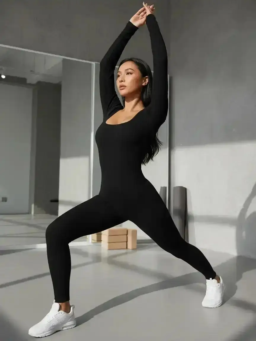 Women's Basic Solid Long Sleeve Sports Jumpsuit, High Waist Square Neck Bodycon Jumpsuit for Yoga and Gym, Ladies Sportswear for All Seasons, Workout Jumpsuit, Yoga Jumpsuits Mini Dress Comfortable Fit Straight Leg