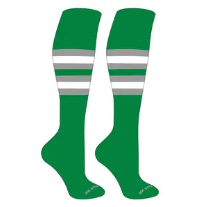 MK Socks Striped Knee High Baseball, Football Socks (F) Kelly Green, Grey, White