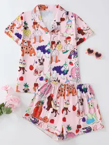 Women's Cartoon Print Short Sleeve Shirt & Elastic Waist Shorts Pyjama, Casual Comfy Top & Shorts PJ Set, Ladies Sleepwear for Summer, Loungewear