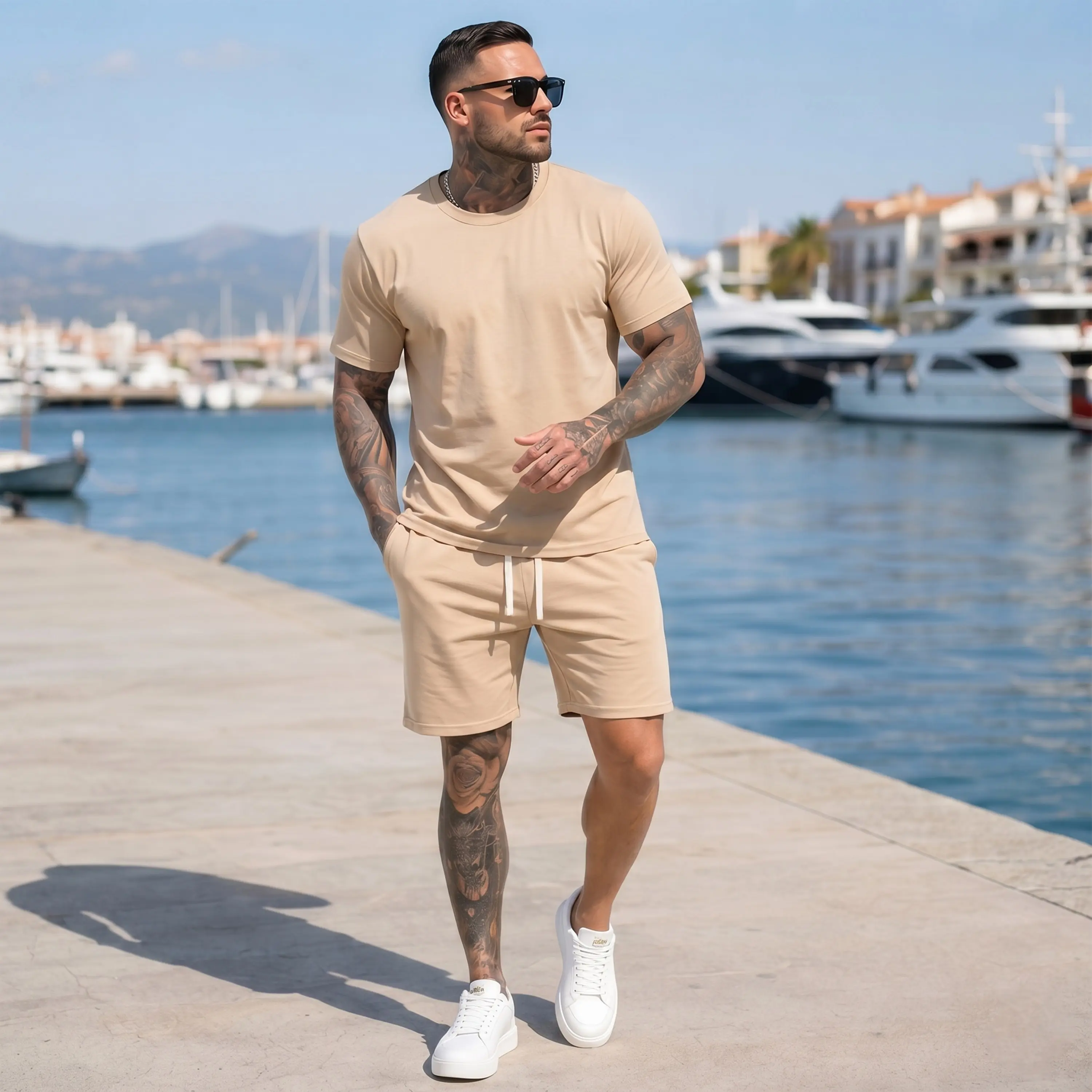Men's 2-Piece Cotton Plain Tracksuits - Menswear Sweat Clothes, Loose Athletic Round Neck Short-Sleeve Tops & Pants, Soft Minimalist Outdoor Summer Casual Outfits, 2 Piece Sets, Mens Clothing, Men's 2 Piece Sets