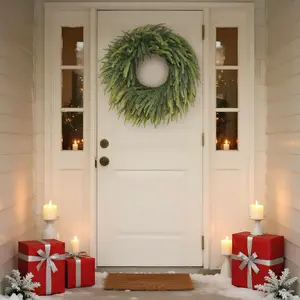 Green Plant 13-pronged Norfolk Pine Wreath - Spring artificial wreath, simulated pine needle false green wreath, suitable for front doors, walls, Windows, home, outdoors, PE hand feel material front door hanging home decoration and display piece