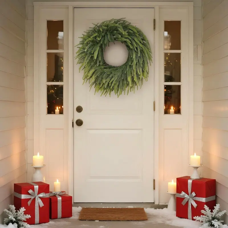 Green Plant 13-pronged Norfolk Pine Wreath - Spring artificial wreath, simulated pine needle wreath, suitable for front doors, home, outdoors, PE hand feel material front door hanging home decoration, display piece, Home Ornaments