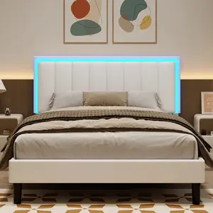 Twin/Full/Queen/King Size Upholstered Bed Frame With LED Light & Headboard | USB LED Strip, No Box Spring Needed | White/Pink/Black