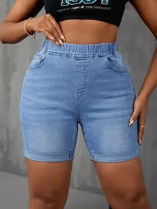 Plus Size Elastic-Waist Denim Mid-Length Shorts Casual Rolled-Hem Slim Fit Shorts, Y2K Clothes Summer Daily Wear, Trendy Basic Bottoms, Comfortable Relaxed Fit Casual Ensembles, Stylish Washed Detail Party Casual Wear