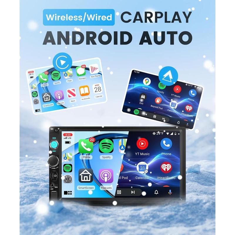 Single Din 7'' Car Stereo Wireless Carplay Touch Screen with Android Auto YouTube Video Bluetooth Mirror Link FM/EQ USB/AUX/TF/SWC/MIC Car Audio Receiver Backup Camera