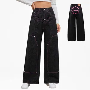 A Must-Have Pink Star Jeans! Black baggy wide-leg pants. Y2K streetwear. Viral Aesthetic.
