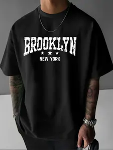 Men's Brooklyn Pattern T-shirt- Casual Street Style, Breathable and Comfortable, Bold White 'BROOKLYN NEW YORK' Print, Lightweight Polyester Fabric, Summer Essential, Summer Casual Wear |   Loose Fit T-Shirt |   Smooth Texture Shirt