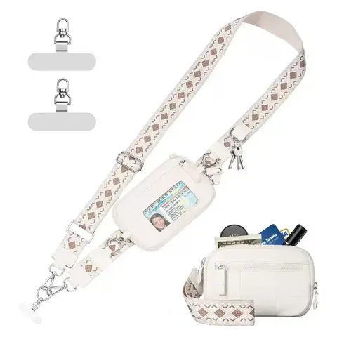 Boho Style Geometric Wide Strap Card Wallet Crossbody Phone Bag with Lanyard, Adjustable Shoulder Strap, Detachable Neck Strap, Nylon Material, Cellphone Phone Sling, Cell Phone Accessories