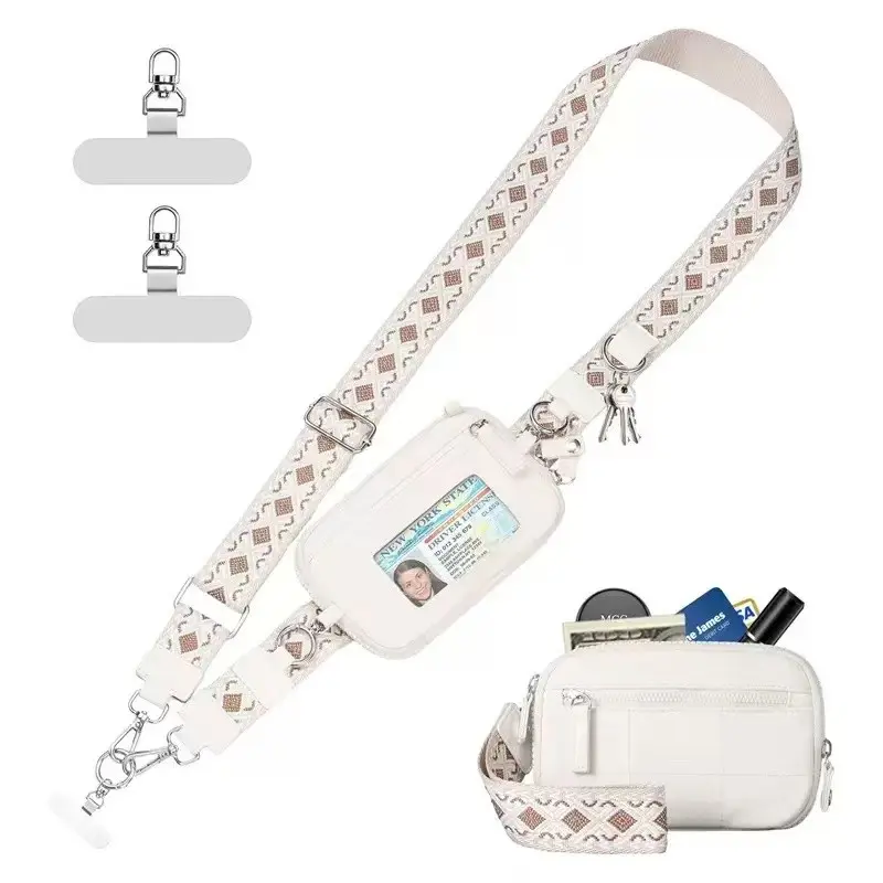 Boho Style Geometric Wide Strap Card Wallet Crossbody Phone Bag with Lanyard, Adjustable Shoulder Strap, Detachable Neck Strap, Nylon Material, Cellphone Phone Sling, Cell Phone Accessories