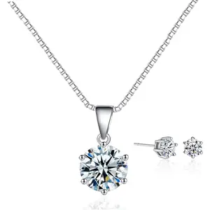 Dainty Solitaire Necklaces Stud Earrings Set For Women,White  Plated Simple Prom  Set Cubic Zirconia Pendant Choker Necklace And Earring Sets Wedding  For Bridal