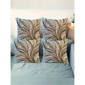4pcs Luxury Modern Abstract Feather Pattern Throw Pillow  Printing, Shiny Sequin Texture, Zipper Closure, Elegant Decorative Pillow Covers For Living Room, Bedroom, Office - Machine Washable, Pillow Insert Not Included