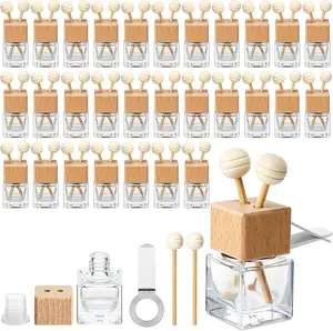Pack Car Air Freshener Diffuser with Vent Clip Empty Car Diffuser Bottles for Essential Oil Perfume Glass Bottle with Wooden Caps Stick(Square)