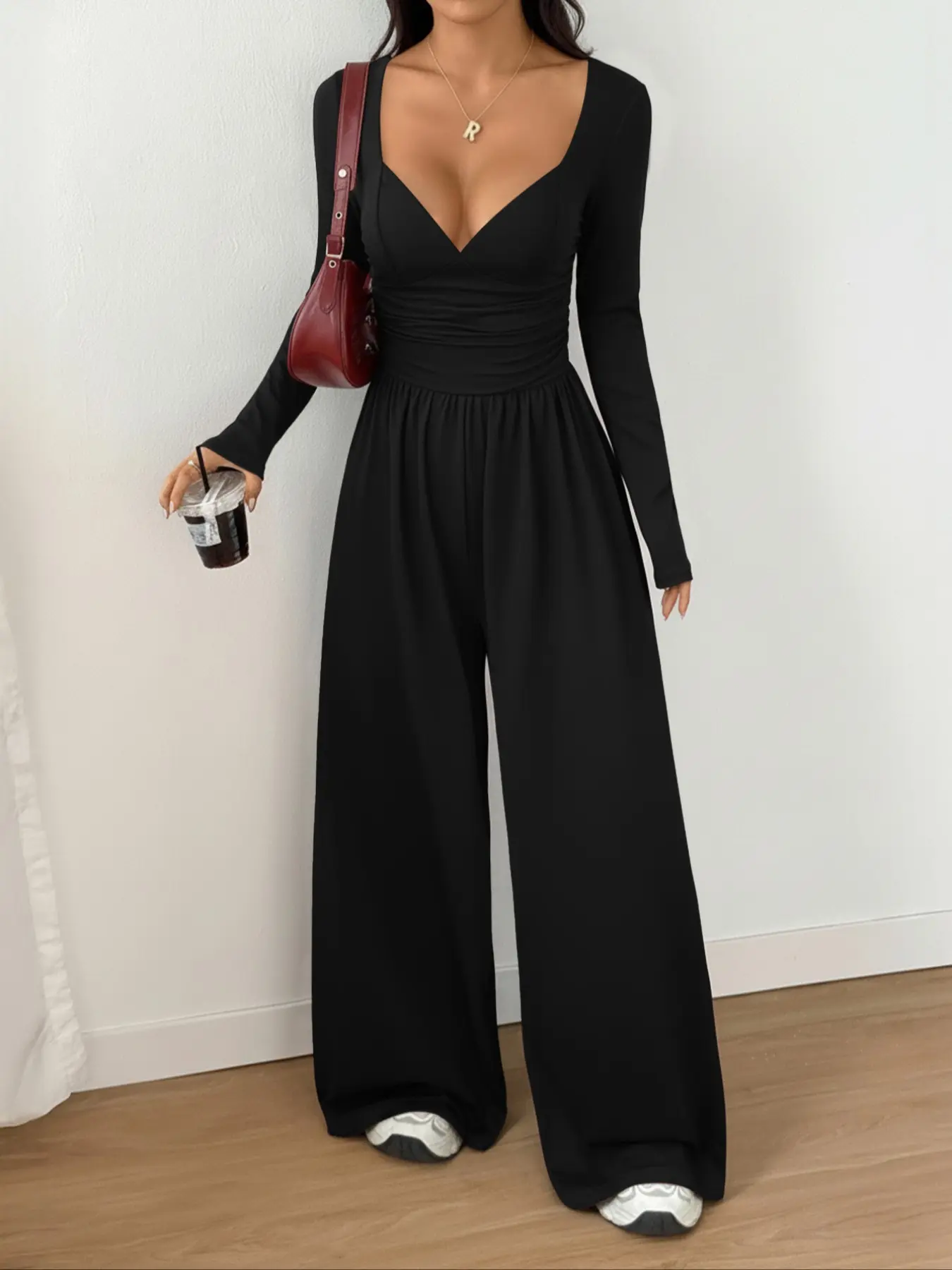 Women's Basic Deep V Neck Long Sleeve Ruched Waist Slim Fit Wide Leg Jumpsuit, Plain Ruched Jumpsuit, One Piece Jumpsuits, Casual Fashion Minimalist All-Season Wear, Perfect for Daily Styling Womenswear