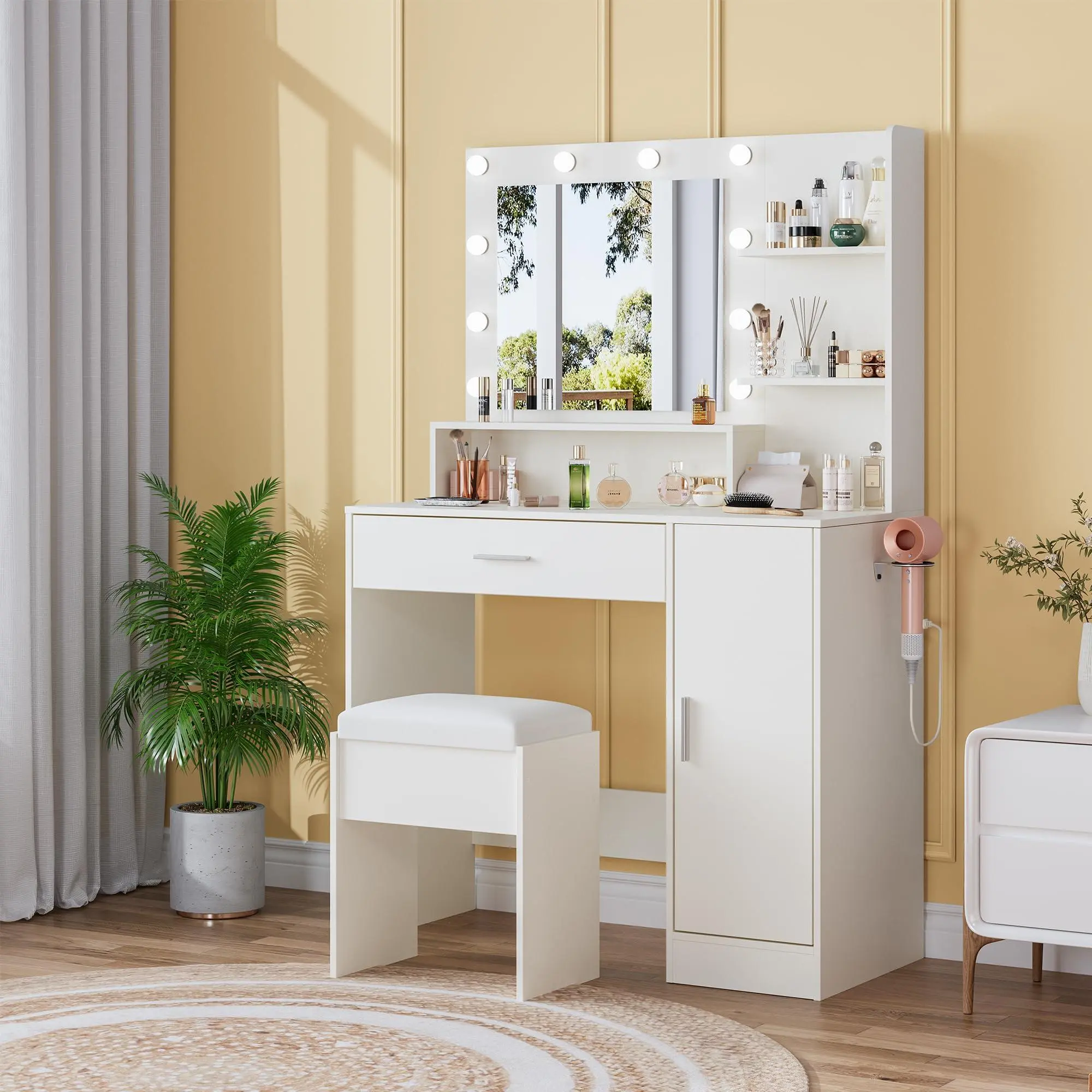 Garvee Makeup Vanity Desk with 3-Color Adjustable LED Lighted Mirror – Dressing Table with Drawer, Cabinet & Power Outlets, Compact Vanity Set with Stool for Bedroom & Apartment