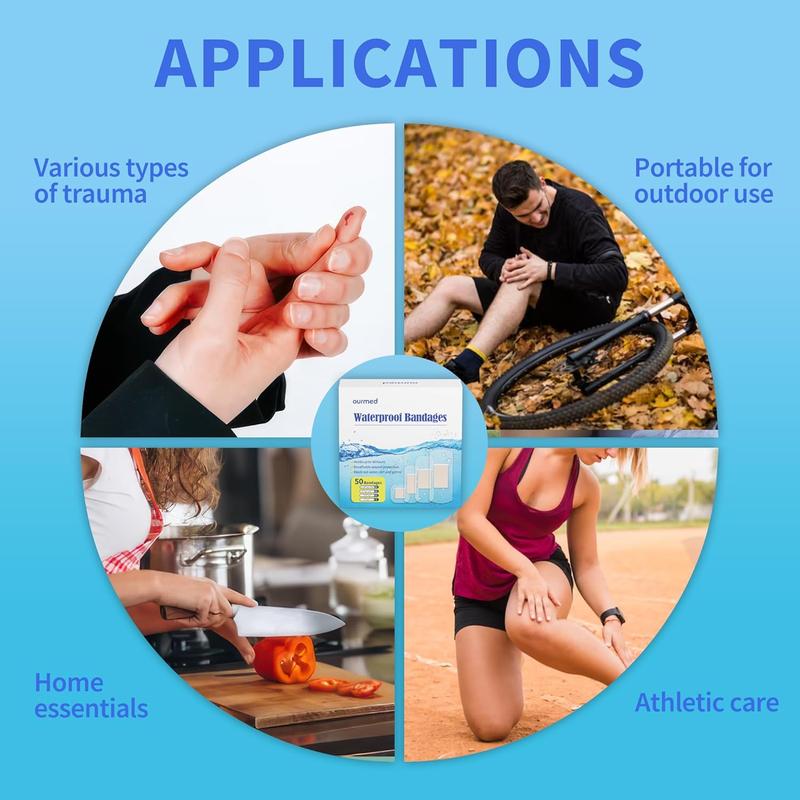 Ourmed Waterproof Bandages, Clear Adhesive Bandages for First-Aid, Wound Care, Fingers, Knees and Heels, Stays on Skin in The Bath, Shower or Pool, Assorted Sizes, 100 Count
