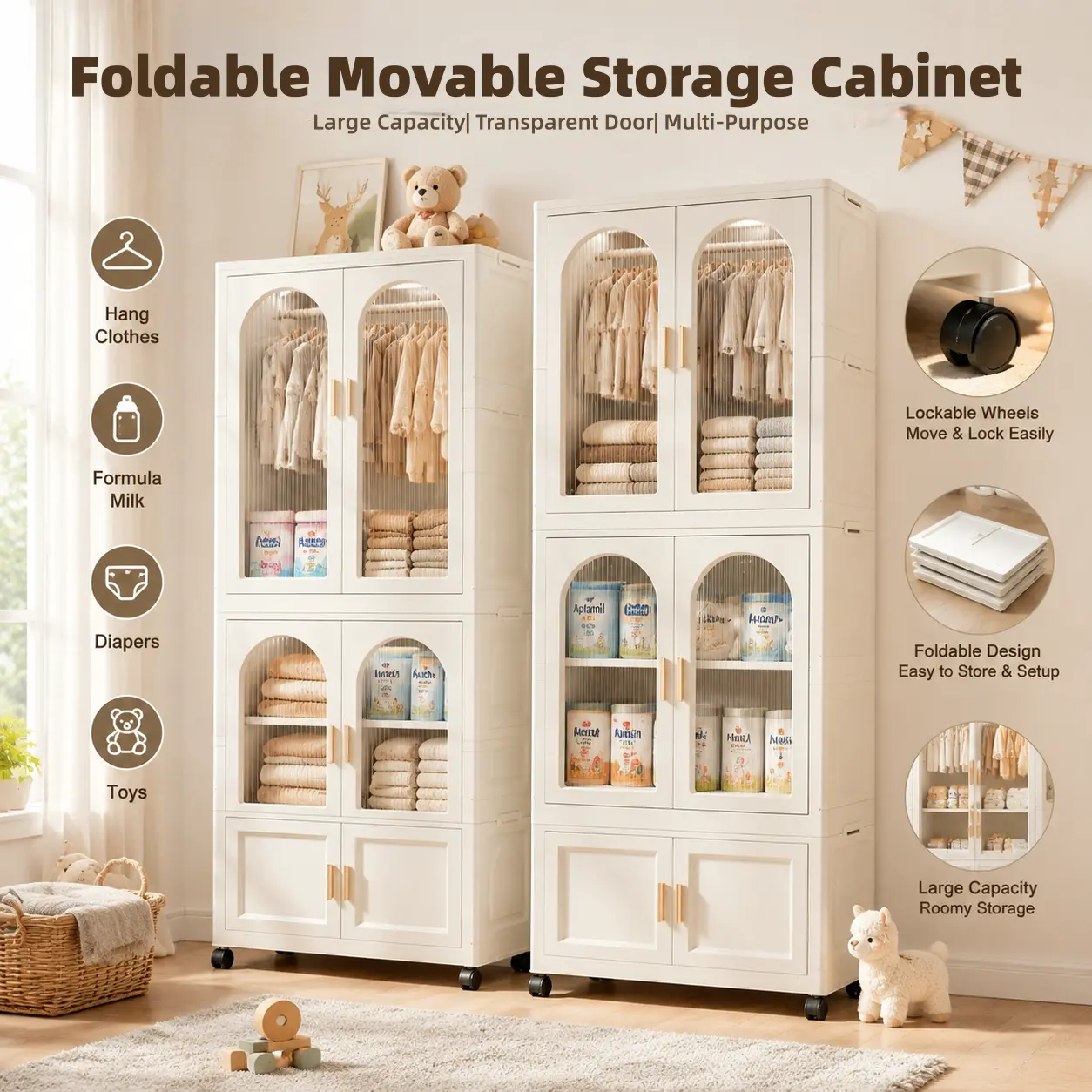 Foldable Rolling Rectangle Storage Cabinet with Wheels - Waterproof PP Stackable Rack, Magnetic Doors, Large Capacity Modern Armoire Wardrobe, Portable Closet for Bedroom Dorm Rooms Home Organizer