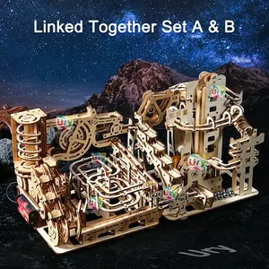 3D Wooden Puzzles Electric Catapult Track Device Marble Run Set Mechanical Model Science Maze 7 Balls Assembly Gift for Kids