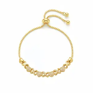 Gold Heart Link Bracelet – Adjustable Dainty Chain with Sparkling CZ Diamonds, Elegant XO Love Design, Perfect Gift for Girlfriend, Wife, Birthday, Valentine’s Day & Anniversary