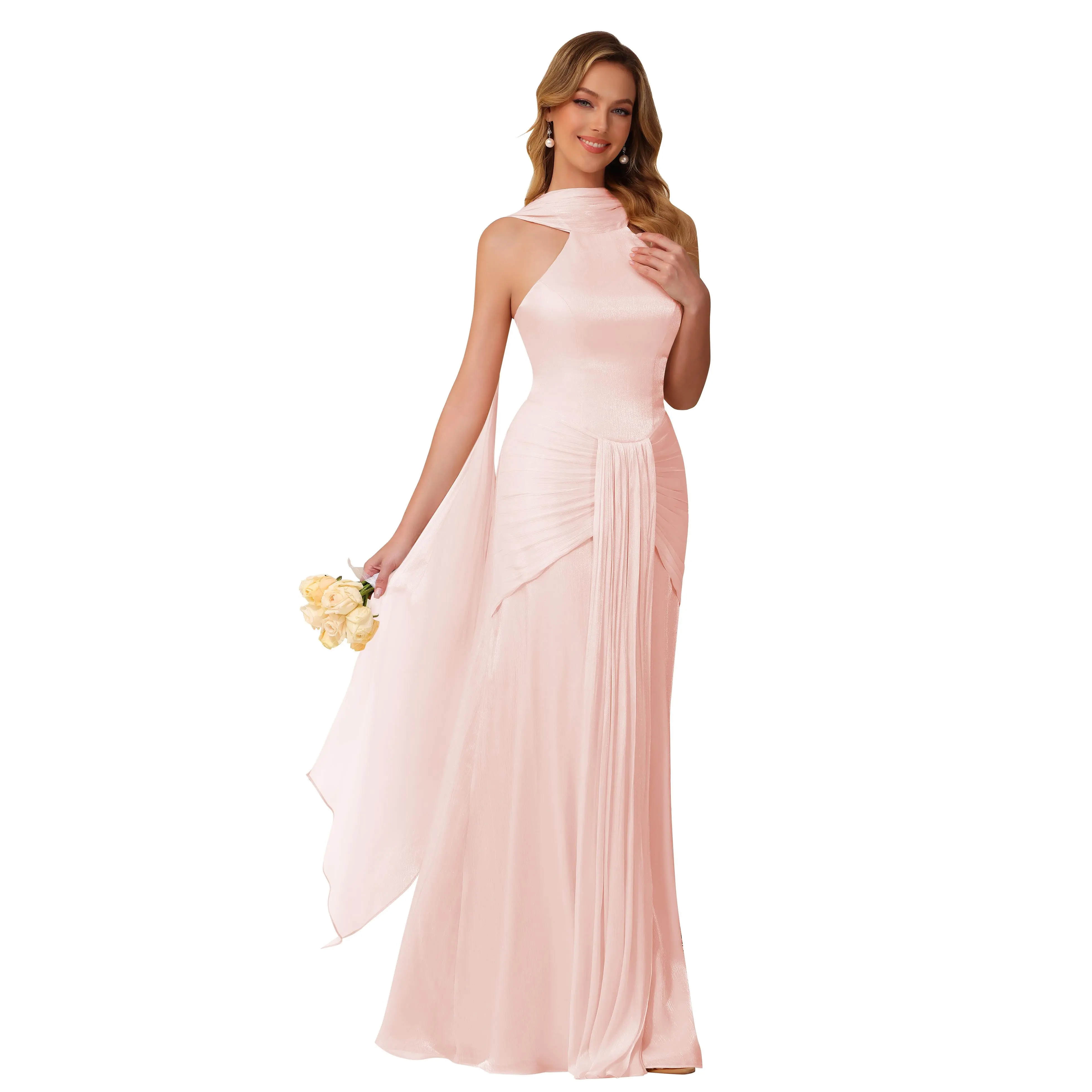 Halter Bridesmaid Dresses Long with Scarf Shimmer Chiffon Formal Dress Pleated Mermaid Evening Gowns for Women,Normal Type,Lace up Back,Ladies Clothes  for All Seasons