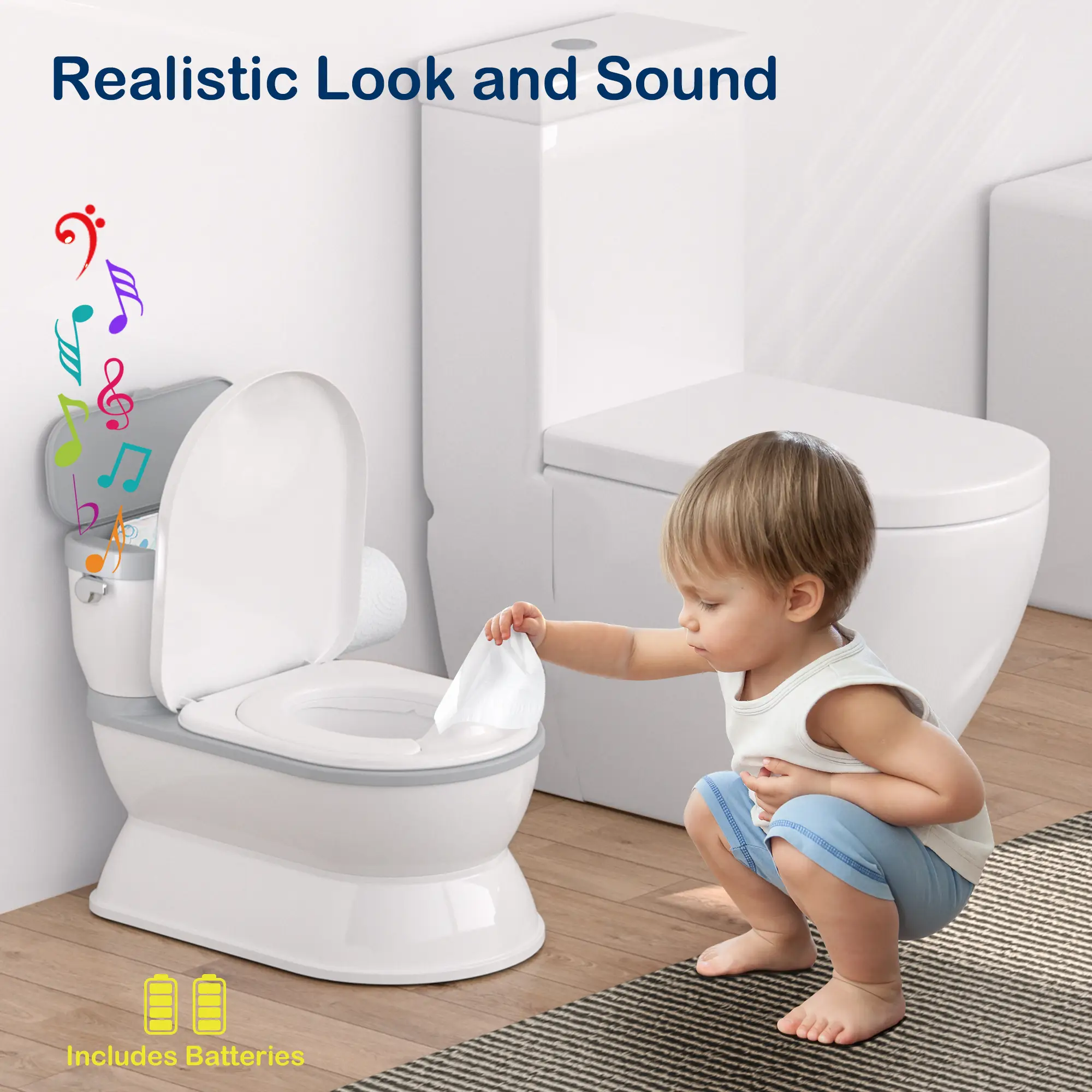 2-in-1 Realistic Toddler Flushing Potty Trainer - Potty Chair & Detachable Seat with Flushing Sound, Wipes Storage, and Toilet Paper Holder - Grey