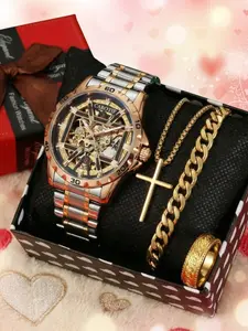 Valentine Easter Four-Piece Gift Set for Men, Full-Size Mechanical Watch Necklace Ring Combo, Stainless Steel Analog Plain Color, Fashion Watch Set