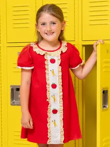 Sweet Apple Embroidered Pencils Ruffle Dress