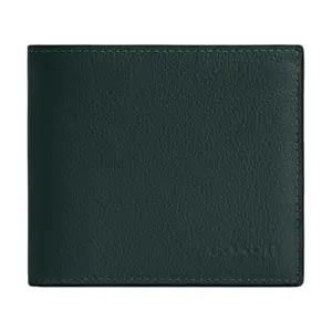 COACH Mini Wallet for Men – Smooth Calfskin with Logo Print, Dark Green