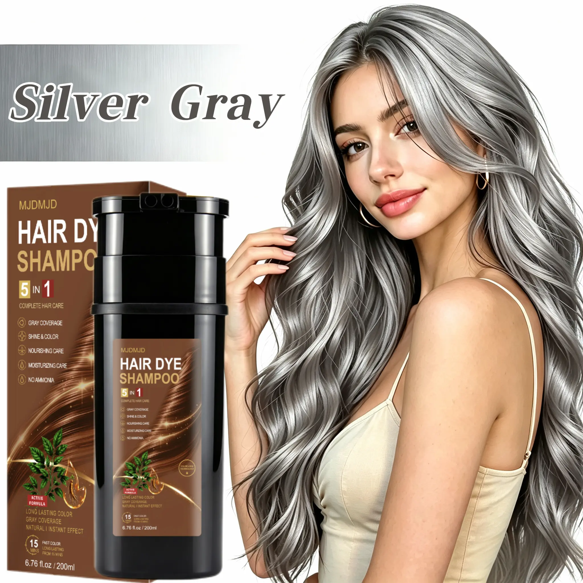 Silver Gray 5-in-1 Hair Dye Shampoo, 200ml Semi-Permanent Hair Color for Gray Coverage, Color, Cleanse & Condition in One Easy Step, At-Home Haircare