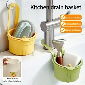 Press-Button Hand-Free Bowl Rack Dish Drying Organiser with Food Residue Filter, Detachable Hanging Faucet Drain Basket, RV Sink Drainer Kitchen, Easy Clean Polished Plastic