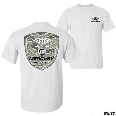 AFICD x Mercury Menswear Short-Sleeve Round Neck T-Shirt - Stylish "Any Fish, Any Water" Shield Logo, Mercury Go Boldly Print, Offshore Fishing Design, Ideal Gift For Anglers - KitchenEra