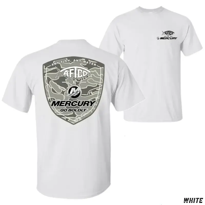 AFICD x Mercury Menswear Short-Sleeve Round Neck T-Shirt - Stylish "Any Fish, Any Water" Shield Logo, Mercury Go Boldly Print, Offshore Fishing Design, Ideal Gift For Anglers - KitchenEra