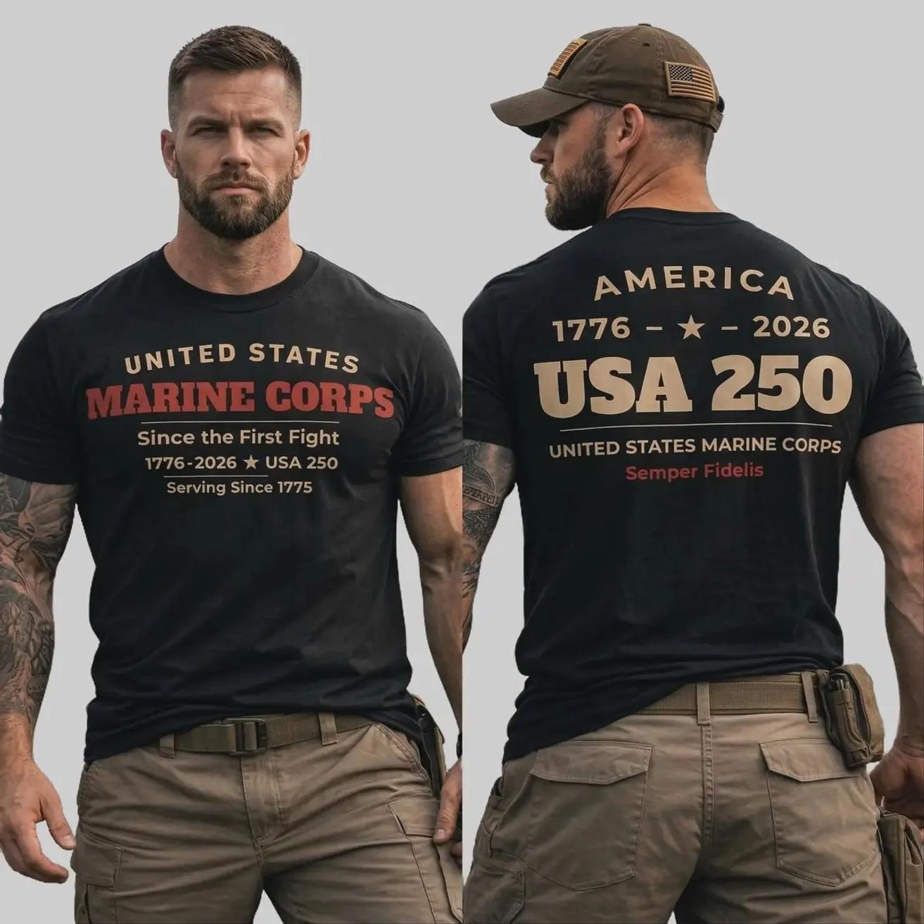 Menswear Graphic Print T-shirt – Sweatshirt – Hoodie – Unisex US Marine Corps 250th Anniversary Apparel, Casual Short Sleeve Breathable Top for Party Gifting, Tops, Shortsleeve, Fabric, Tshirt, Gifts, Casual Fit, Cold Wash, Usmc Theme, M, 2Xl
