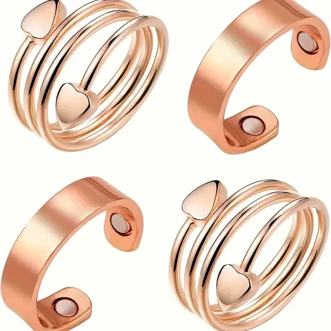 Women's 4pcs Copper Magnetic Open Adjustable Ring - Finger Jewelry, Fashionable Jewelry Accessories, Adjustable Size Rings, Mother's Day Gift, Pure Copper Rings