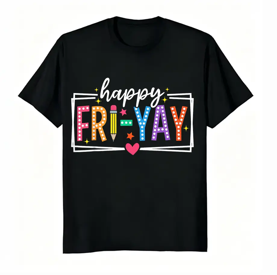 Unisex 100% Cotton Happy Fri‑Yay Friday Graphic Tee, Colorful DTG‑Printed Casual T‑Shirt For Men Women