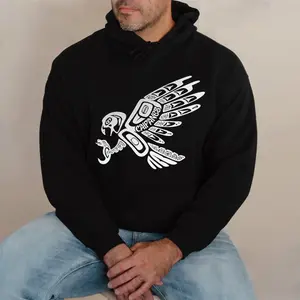 Aztec Eagle Tribal Graphic Hoodie Native Style Black White Design Fleece Fabric Pullover Unisex Streetwear Trendy Top for Men for Women