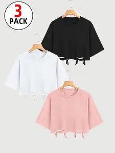 Women’s 3-Pack Multi-Color Cropped T-Shirts, Y2K Cutout Loose Fit Tops, TikTok Viral Drop Shoulder Short Sleeve Tees, Casual Streetwear for Summer, Music Festival & Daily Wear, Assorted Color Sets for Trendy Girls