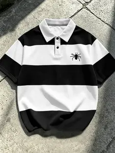 Men's Summer Casual Short Polo Shirt, Spider Pattern Striped Polo, Y2K Street Style, Fitted Top, and Stripes, No Zipper