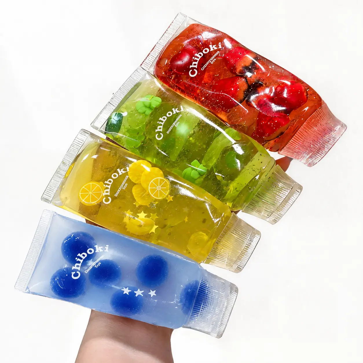 Chiboki Jam Tube Squishy - 4 Styles Strawberry, Blueberry, Lemon & Clover Slow Rising Moldable Fidget Toy | Soft Gel Stress Relief Ball