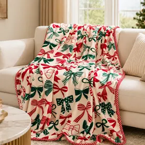 Holiday Printed Throw Blanket with Border, Soft Cozy Fleece Christmas Blanket for Sofa Bed, Winter Home Decor, Festive Living Room Decor, Holiday Gift