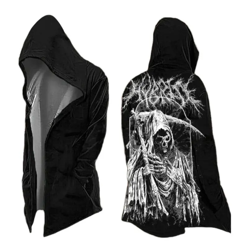 Viking Rune Print Hooded Coat, Dark Aesthetic Outfit