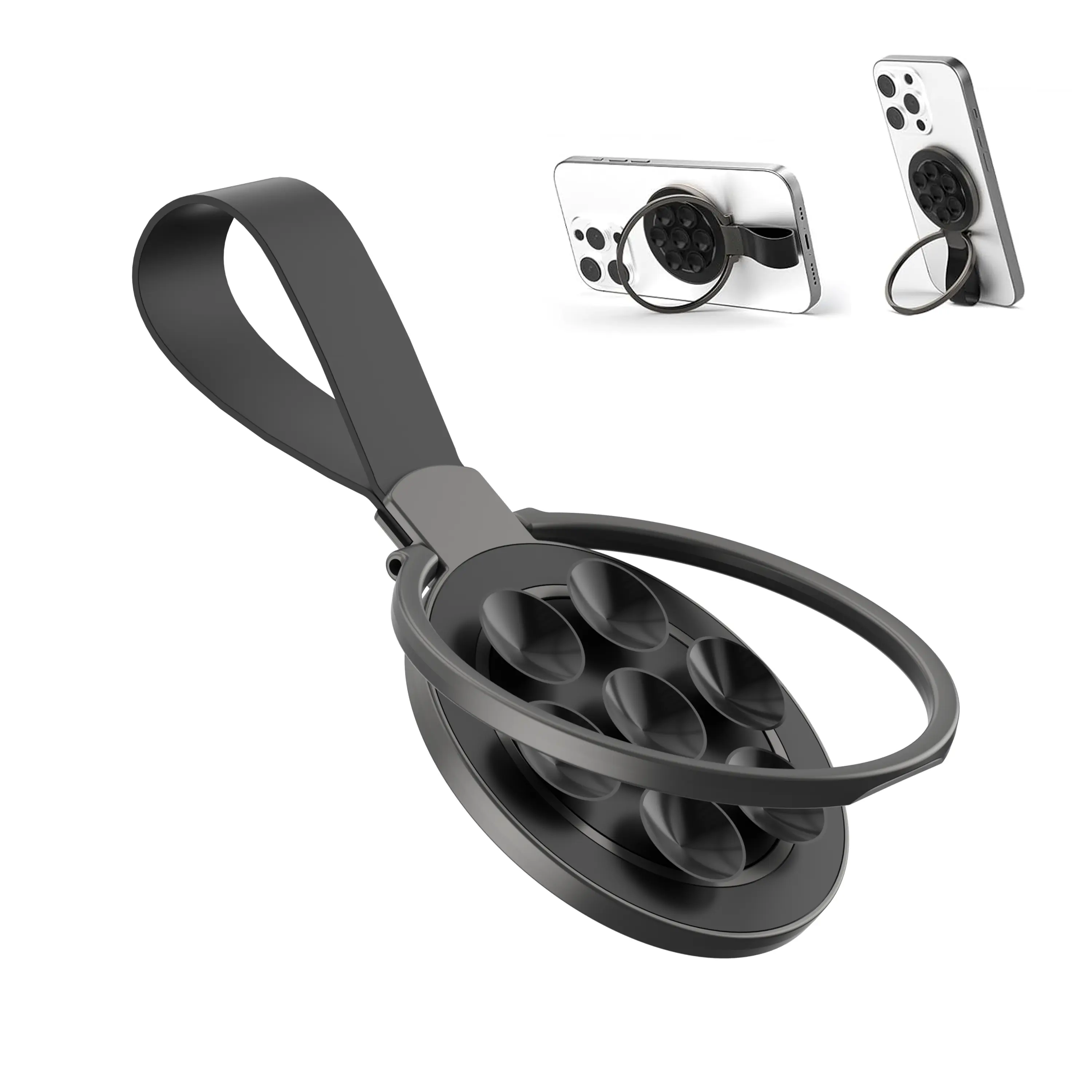 Magnetic Phone Ring Holder with Grip Stand, Finger Ring Kickstand, Suction, Strap and Selfie Mirror, Compatible with iPhone, Android, and Smartphone