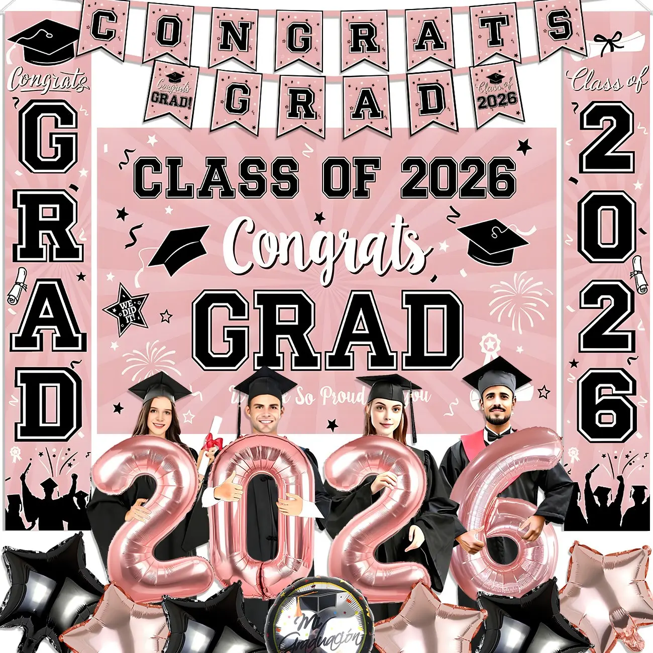 Class of 2026 Graduation Decorations Set, Gifts, Pink and Black Party Supplies, Congrats Grad Backdrop & Banner, Porch Sign, Foil Balloons